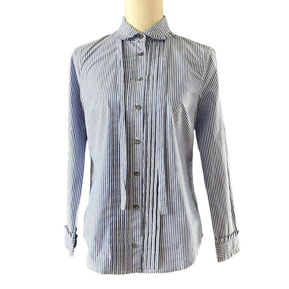 J. Crew Striped Ruffle Tuxedo Neck Tie Blouse 4P - Picture 7 of 11